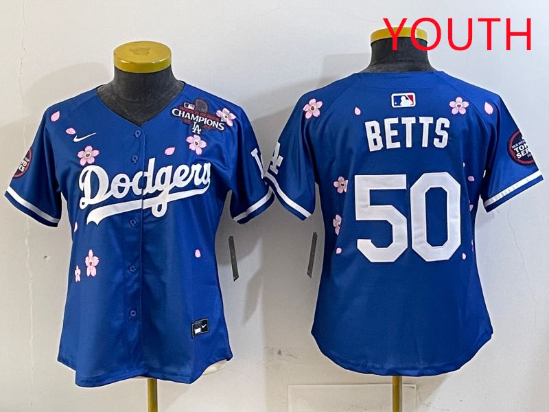 Youth Los Angeles Dodgers #50 Betts Blue Sakura Edition 2025 Nike MLB Jersey style 3->youth mlb jersey->Youth Jersey